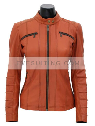 Womens Amelia leather Orange Hooded Jacket
