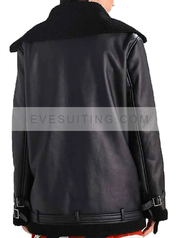 Asymmetrical Style Black Leather Shearling Aviator Jacket For Women's