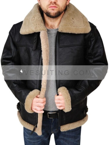 Aviator Shearling Bomber Black Genuine Sheepskin Leather Jacket