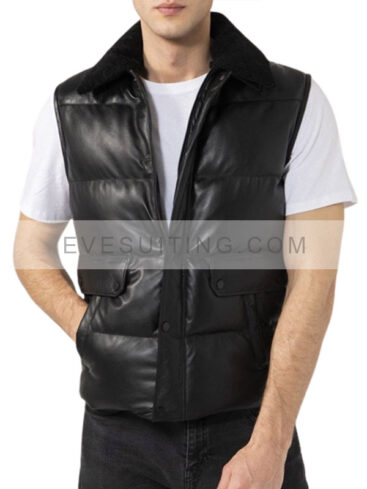 Black Shearling Leather Puffer Vest For Mens