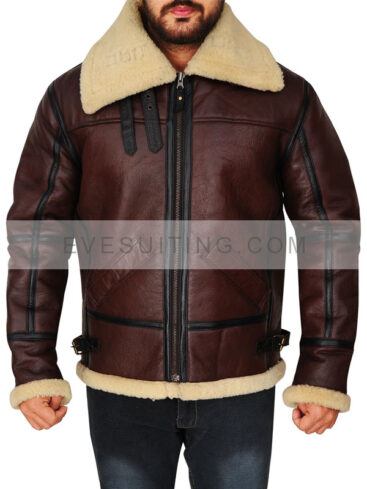 Brown Shearling Aviator Bomber Leather Winter Jacket