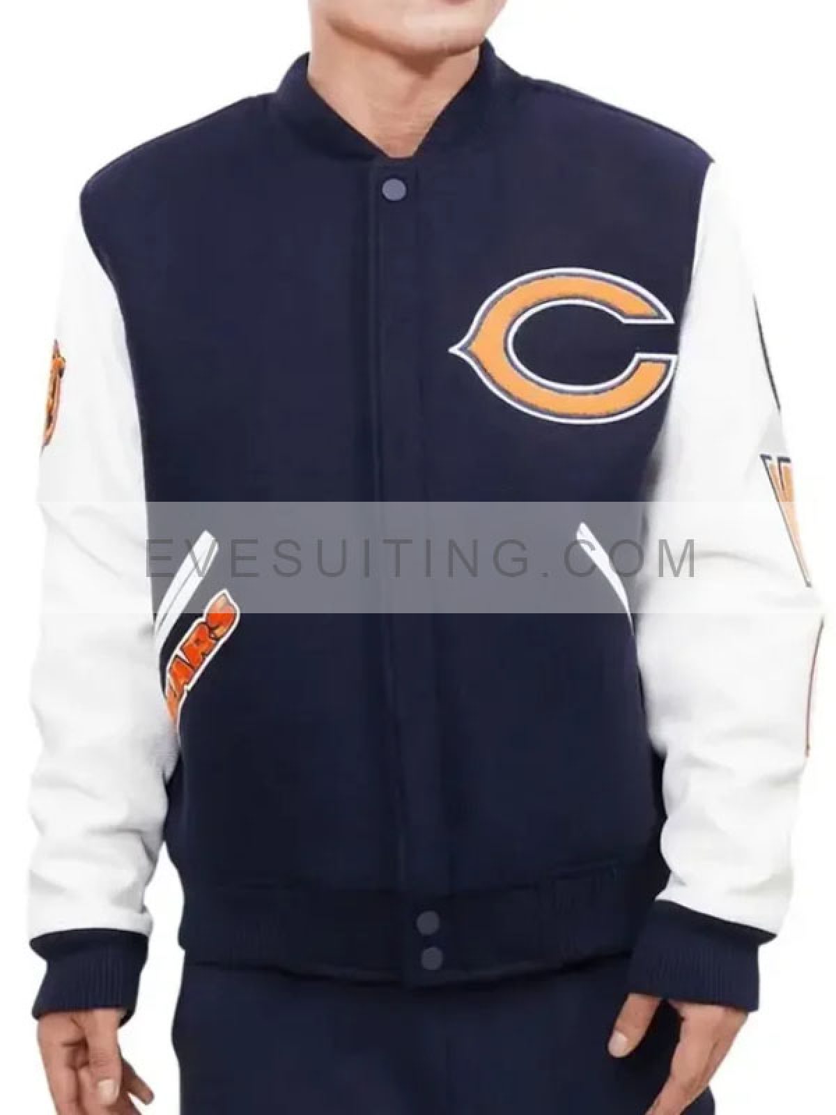 Shop Online Chicago Bears Navy Blue and White Varsity Jacket