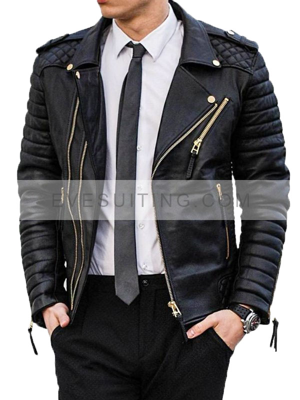 Gold Zipper Black Leather Jacket