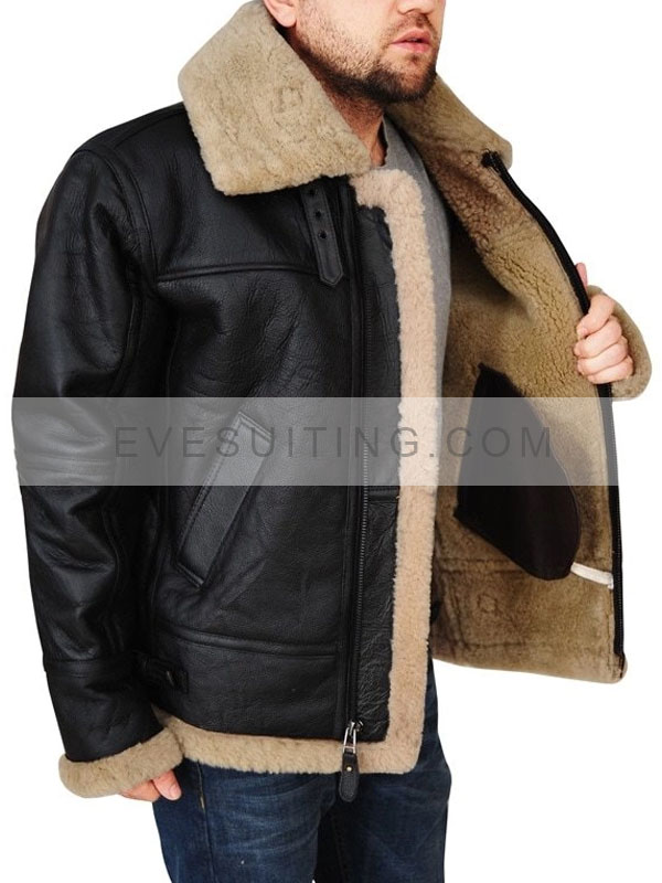 Mens Aviator Shearling Bomber Black Sheepskin Leather Jacket