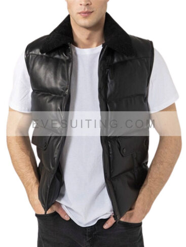 Mens Black Leather Puffer Vest