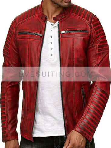 Men’s Cafe Racer Retro Distressed Red Leather Jacket