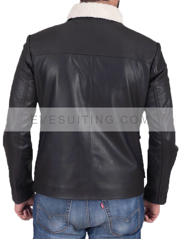 Mens Sherpa Collar Flap Pockets Leather Jacket