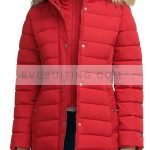Red Puffer Fur Hooded Coat For Womens