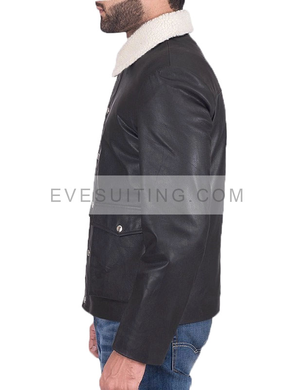 Sherpa Collar Flap Pockets Leather Jacket