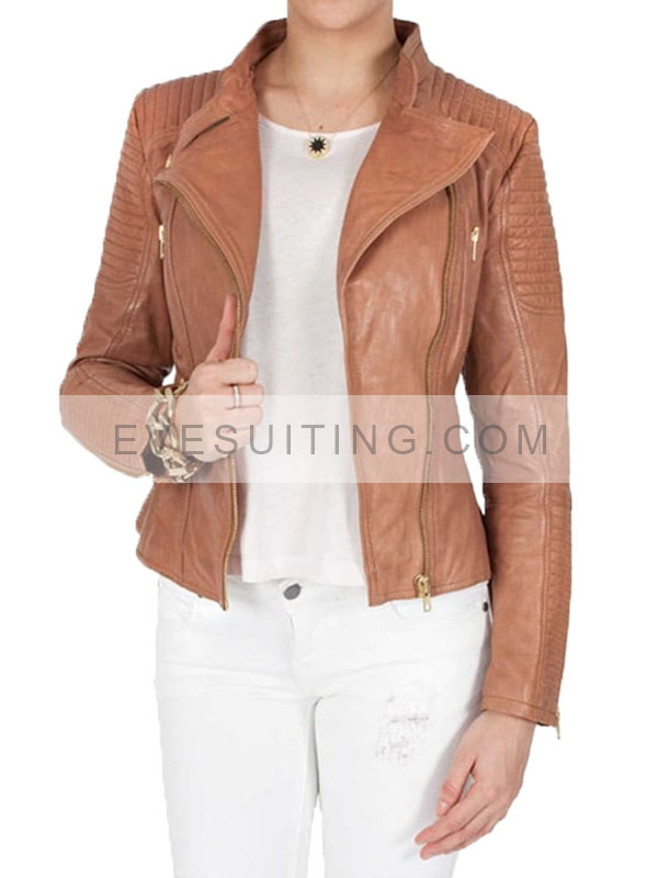Tan Brown Motorcycle Leather Jacket For Womens