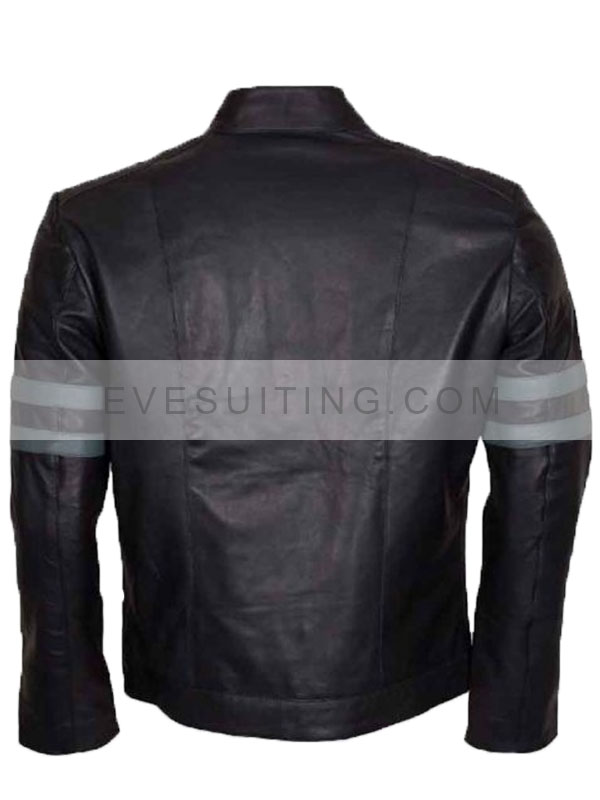 Unisex Blue Strip Black Leather Cafe Racer Jacket
