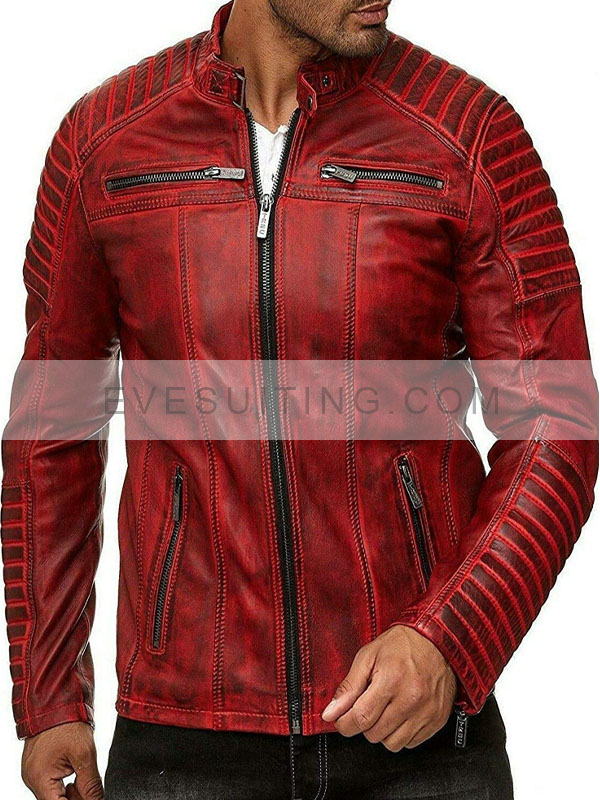 Vintage Motorcycle Cafe Racer Red Leather Jacket