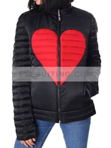 Womens Heart Printed Puffer Jacket