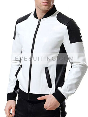 Black And White Leather Bomber Jacket For Mens