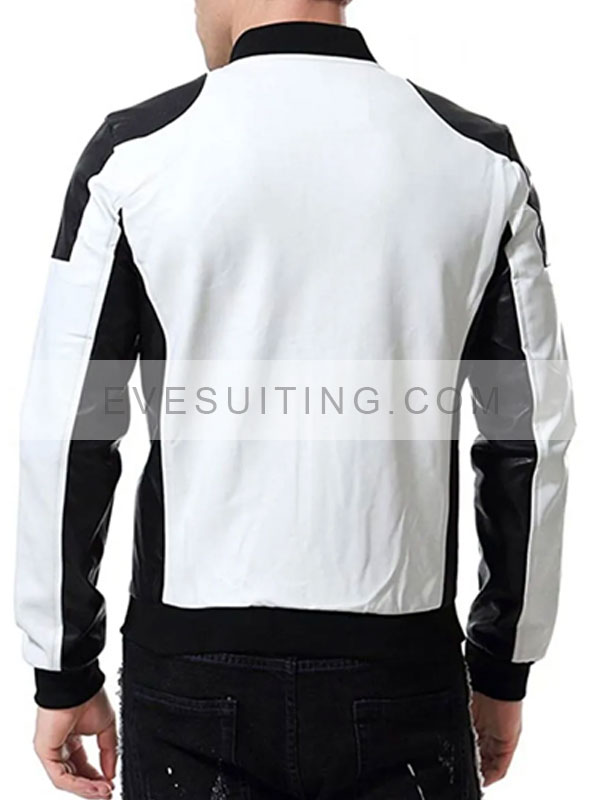 Black And White Leather Motorcycle Bomber Jacket For Mens