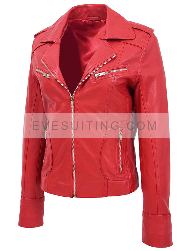 Fitted Biker Kim Red Leather Jacket For Womens 