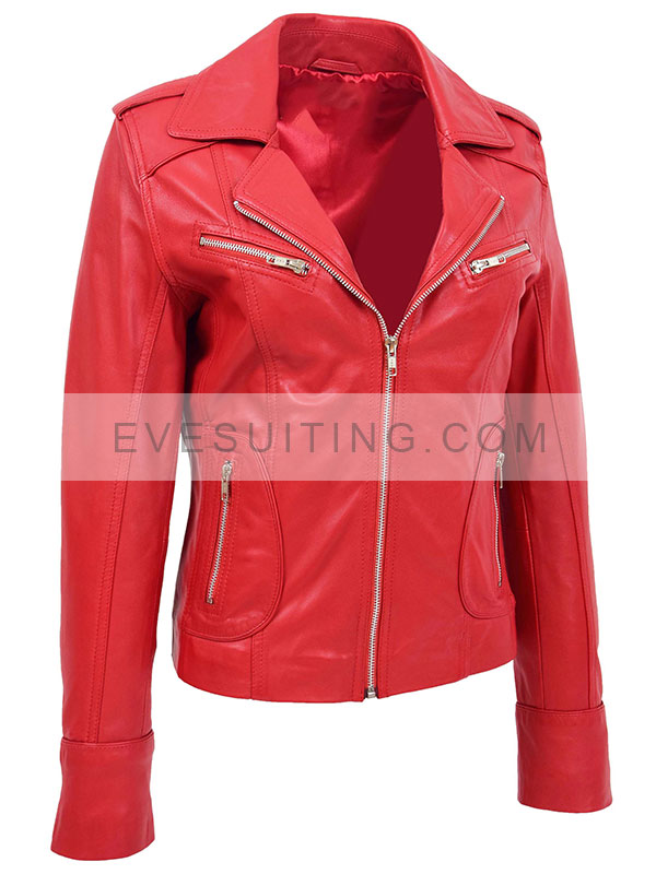Fitted Style Motorcycle Biker Red Leather Jacket