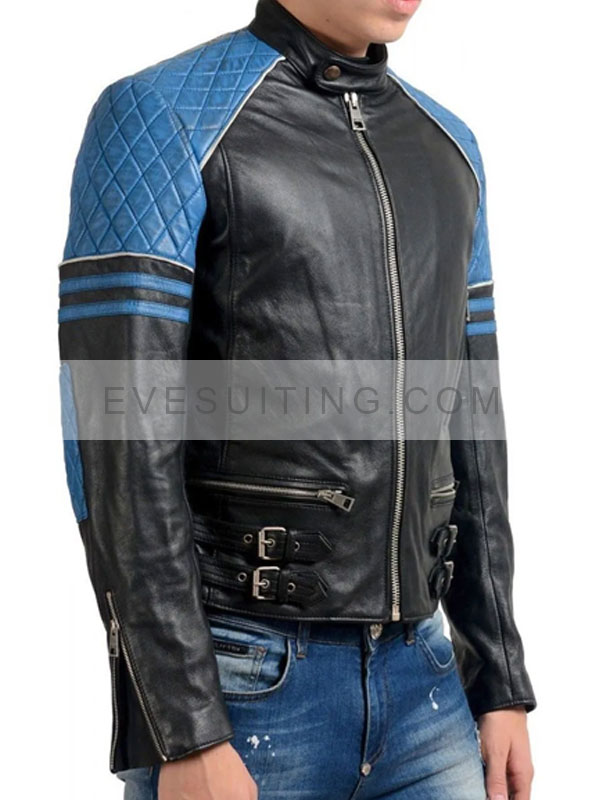 Mens Biker Stylish Design Black And Blue Quilted Leather Jacket