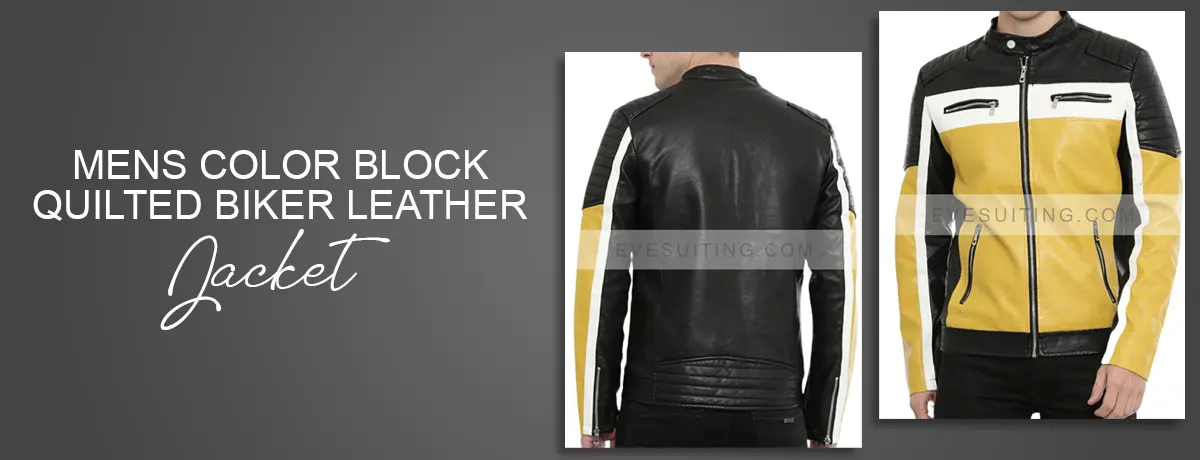 Mens Color Block Quilted Leather Biker Jacket