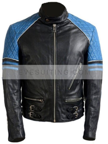 Mens Motorcycle Black & Blue Quilted Jacket