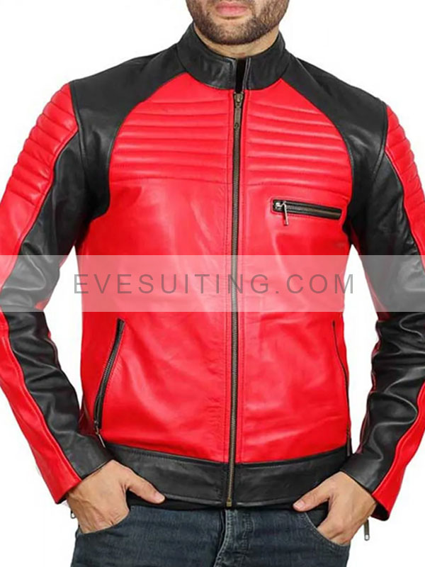 Mens Padded Red And Black Motorcycle Leather Jacket