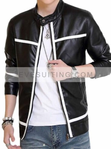 Mens Slim Fit Biker Style White Striped Leather Jacket