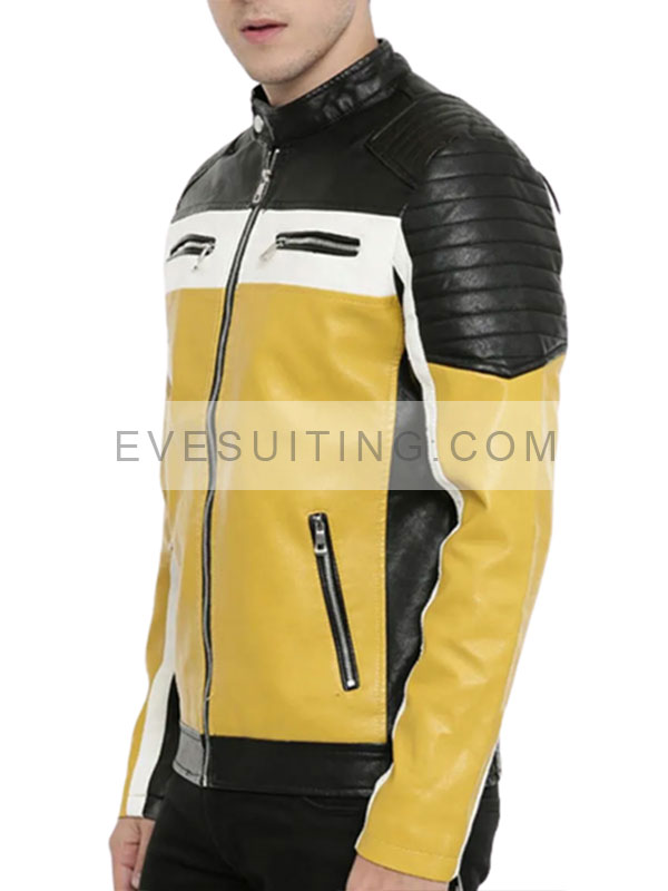 Motorcycle Color Block Leather Jacket For Mens 