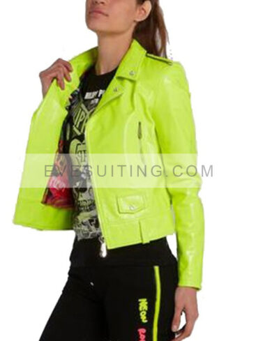 Neon Green Asymmetrical Zipper Motorcycle Leather Jacket For Womens 