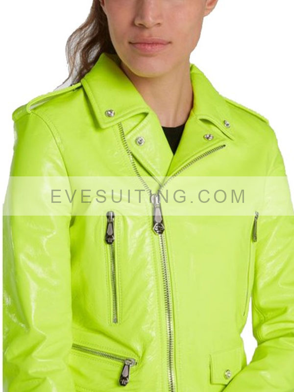 Neon Green Motorcycle Leather Jacket For Womens 