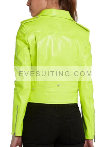 Neon Green Zipper Motorcycle Leather Jacket For Womens 
