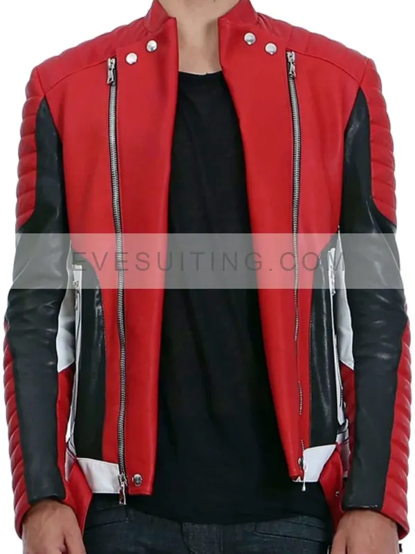 Quilted Asymmetrical Belted Black And Red Motorcycle Leather Jacket