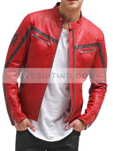 Red Cafe Racer Leather Biker Jacket For Mens