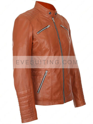 Womens Brown Lambskin Front Zipper Style Biker Leather Jacket 