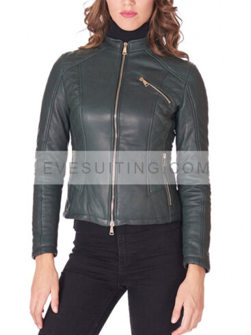 Womens Dark Grey Quilted Leather Motorcycle Jacket