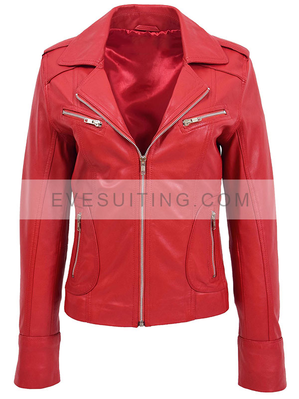 Womens Fitted Biker Style Kim Red Jacket