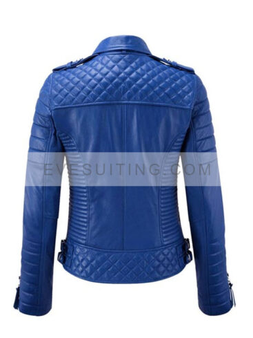 Womens Padded Blue Motorcycle Leather Biker Quilted Jacket