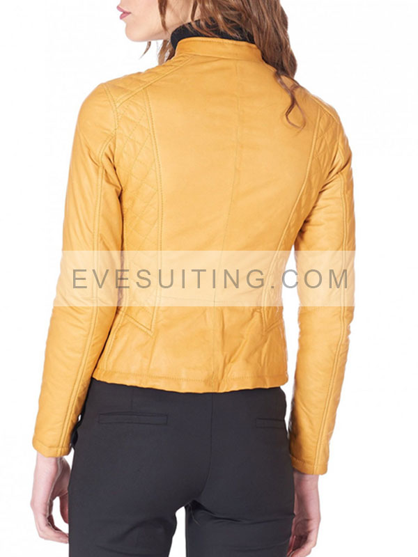 Womens Yellow Stylish Motorcycle Quilted Leather Biker Jacket