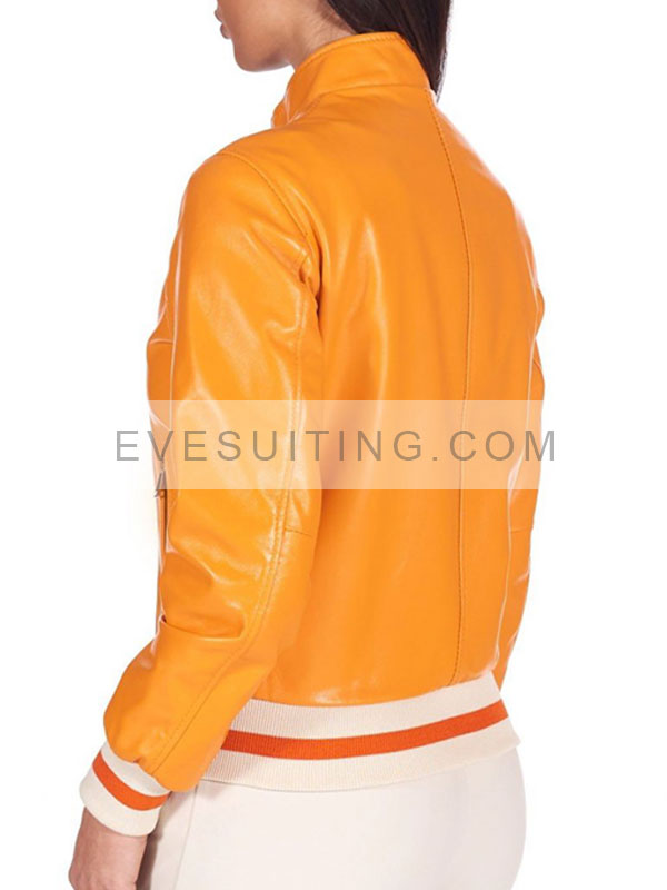 Womens Zipper Style Orange Bomber Leather Jacket