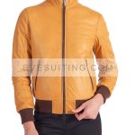 Womens Yellow Zip-Up Stylish Leather Bomber Jacket