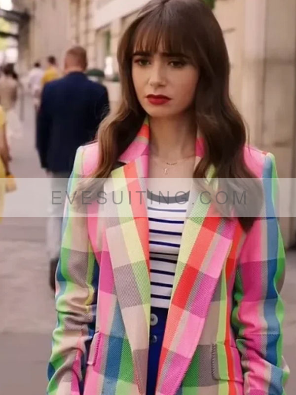 Emily in Paris Lily Collins Checked Multicolor Blazer Coat