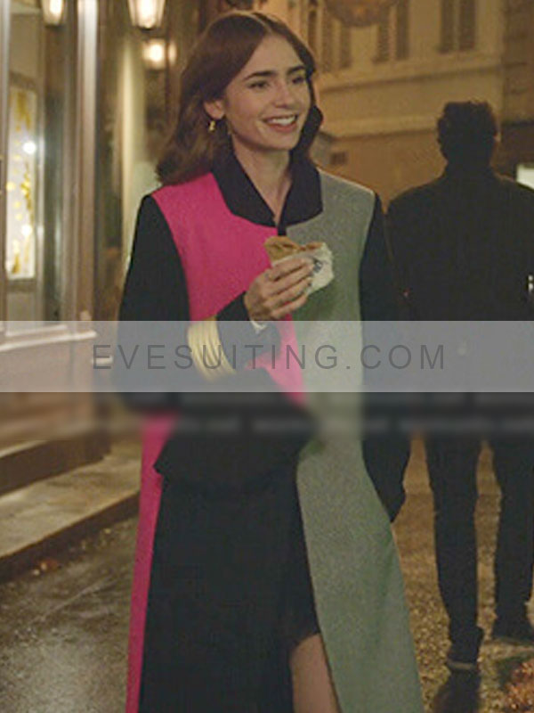 Lily Collin Emily In Paris Color Block Trench Coat