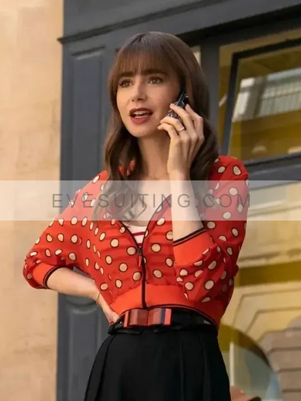Lily Collins Emily in Paris Red Printed Jacket