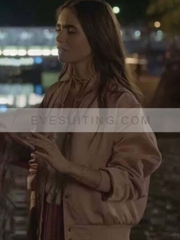 Lily Collins Pink Satin Bomber Jacket