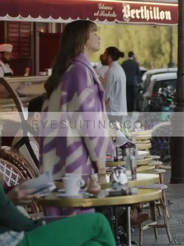 Lily Collins TV Series Emily In Paris Purple Long Wool Coat 