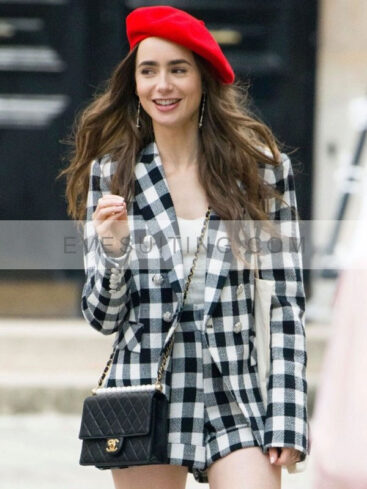 Lily Collins Tv Series Black And White Checked Blazer