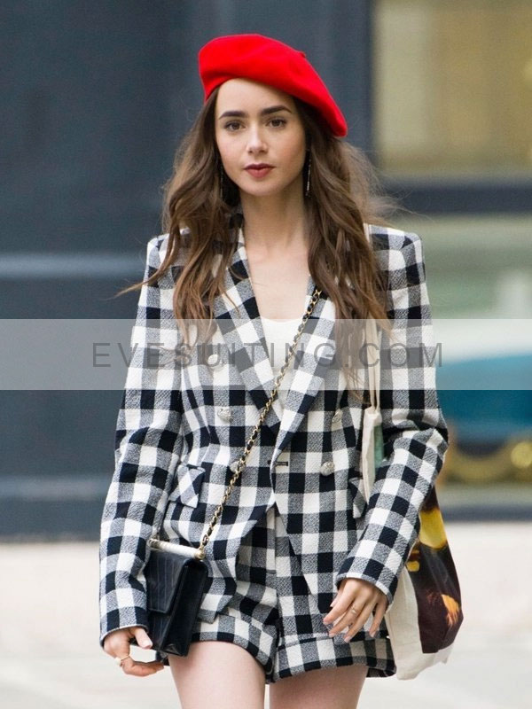 Lily Collins Tv Series Emily Cooper Black And White Checked Blazer