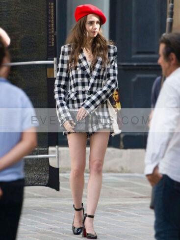 Lily Collins Tv Series Emily In Paris Black And  White Checked Blazer