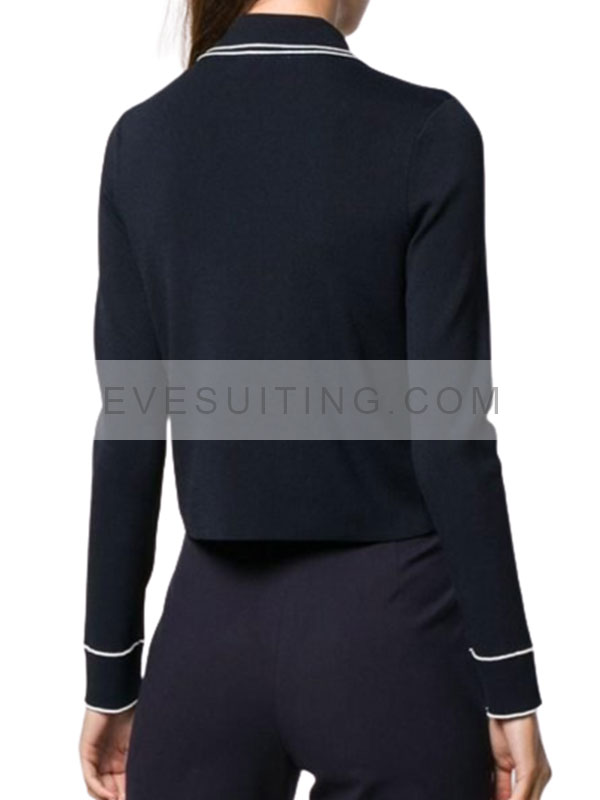 Lily Collins Tv Series Emily In Paris S02 Navy Blue Piped Jacket