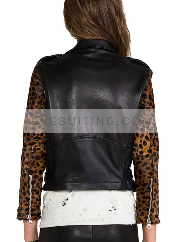 Aria Montgomery Pretty Little Liars Cheetah Sleeves Black Leather Jacket