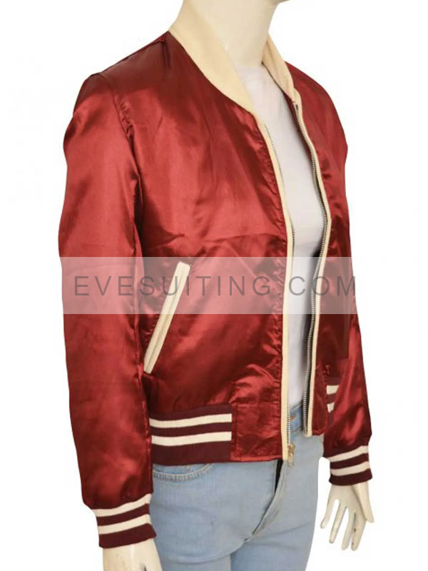 Emma Roberts Vee Red Bomber Satin Jacket For Women's 